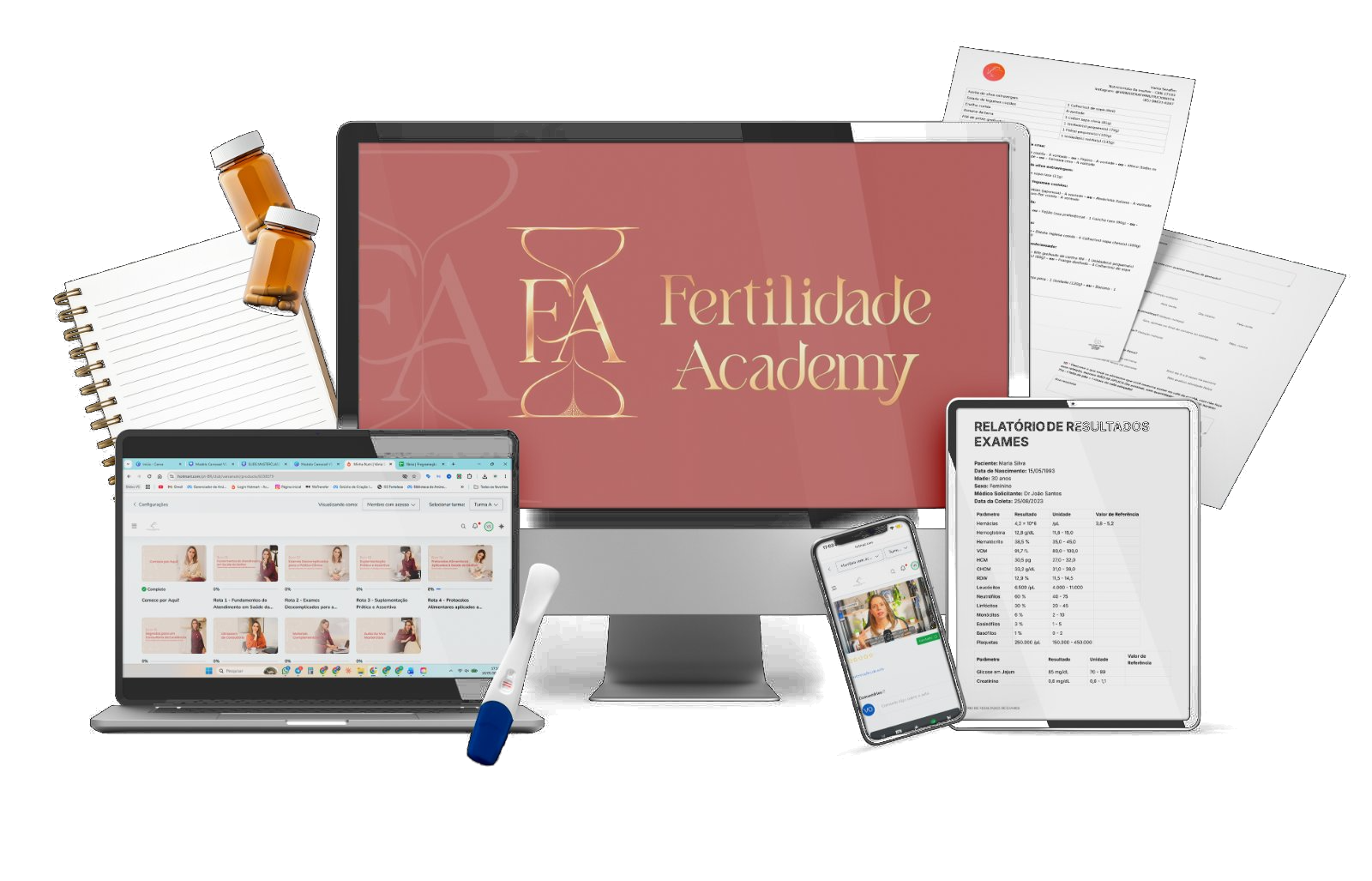 Plataforma Fertilidade Academy — desktop, notebook, tablet, celular, materiais clínicos e exames